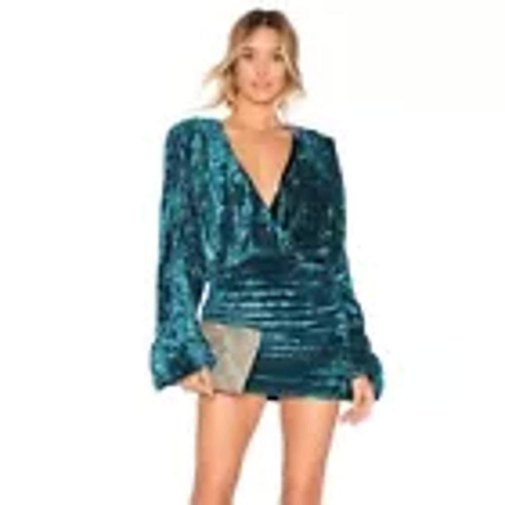 NBD Illusion Women's Teal Blue Shoulder Pad Wrap Velvet Mini Dress Size Xl